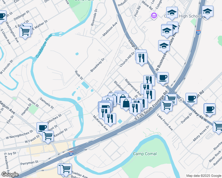 map of restaurants, bars, coffee shops, grocery stores, and more near 757 Porter Street in New Braunfels