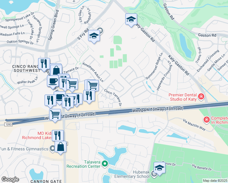 map of restaurants, bars, coffee shops, grocery stores, and more near 6202 Hidden Alley Drive in Katy