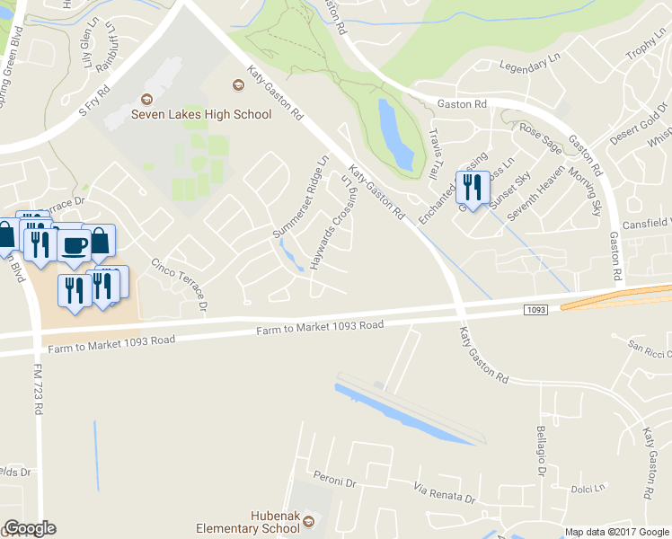 map of restaurants, bars, coffee shops, grocery stores, and more near 6422 Burgess Heights Lane in Katy