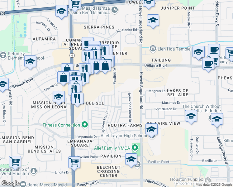 map of restaurants, bars, coffee shops, grocery stores, and more near 7023 Pavilion Drive in Houston