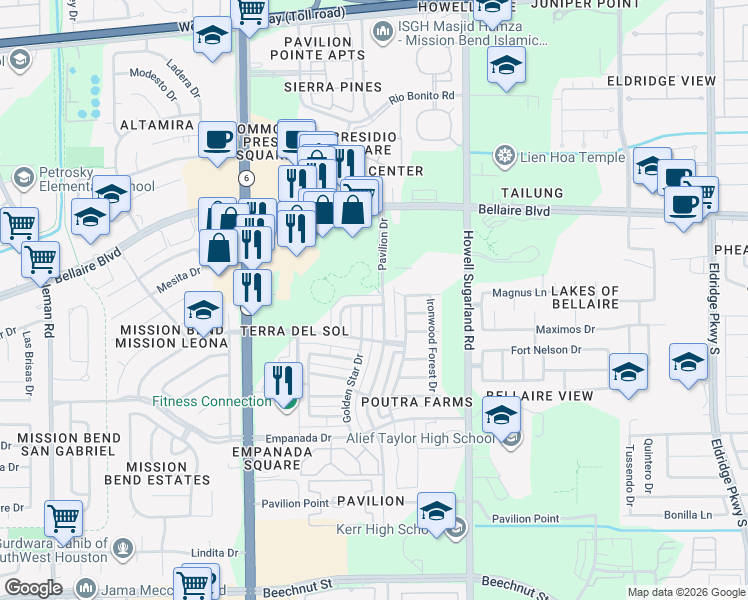 map of restaurants, bars, coffee shops, grocery stores, and more near 7115 Golden Star Drive in Houston
