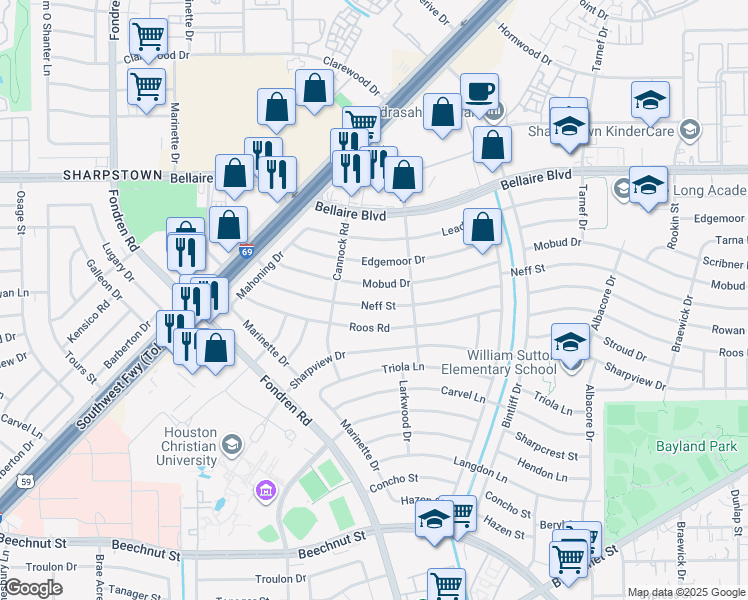 map of restaurants, bars, coffee shops, grocery stores, and more near 7119 Neff Street in Houston