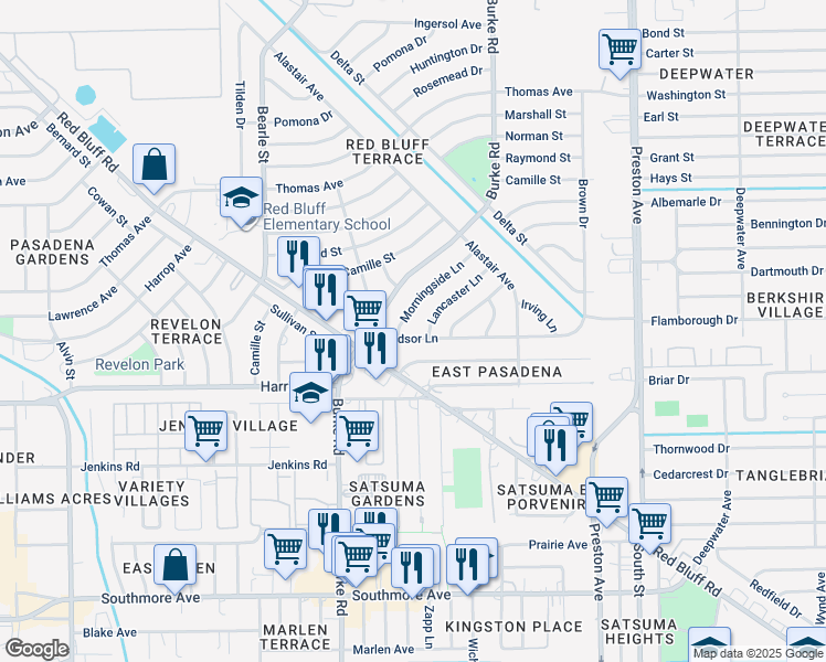 map of restaurants, bars, coffee shops, grocery stores, and more near 2414 Windsor Lane in Pasadena