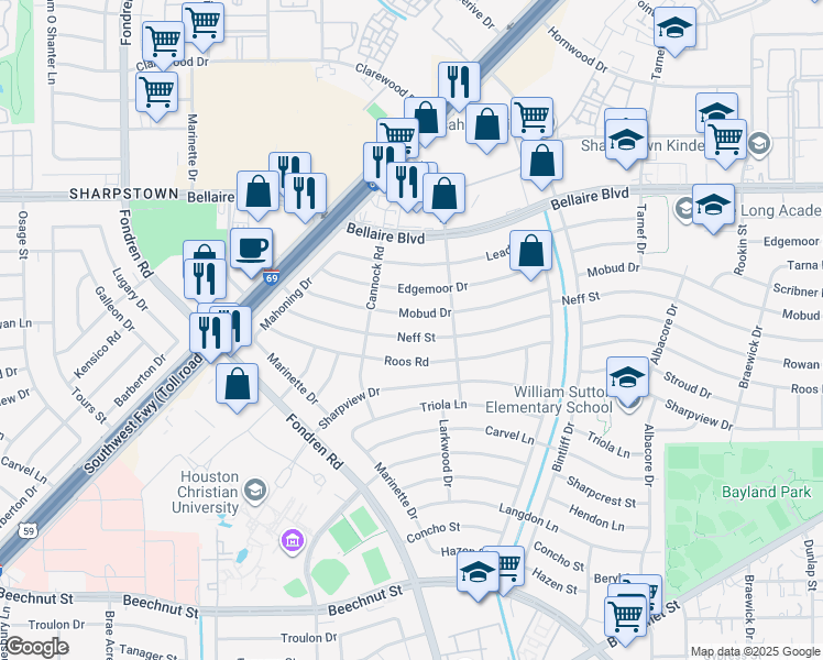 map of restaurants, bars, coffee shops, grocery stores, and more near 7119 Neff Street in Houston
