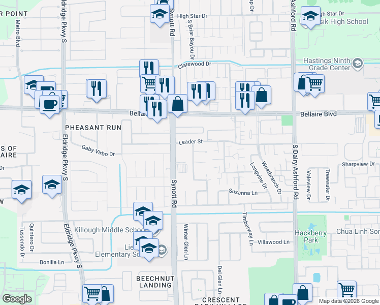 map of restaurants, bars, coffee shops, grocery stores, and more near 7000 Leaders Crossing Drive in Houston