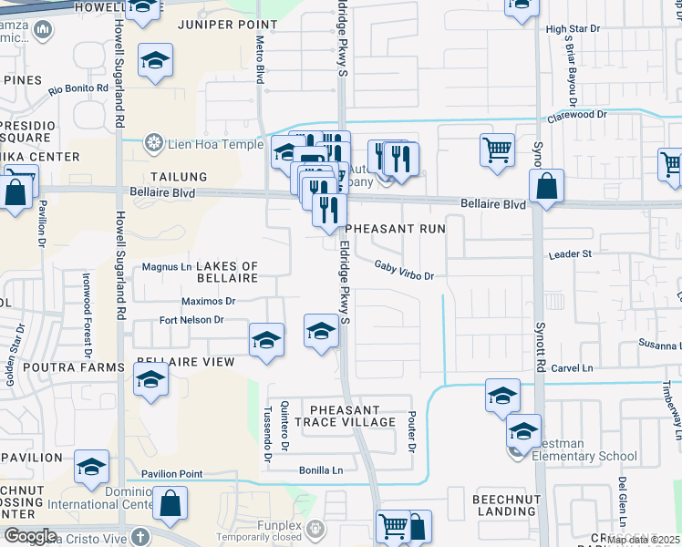 map of restaurants, bars, coffee shops, grocery stores, and more near 7202 Puerta Vallarta Drive in Houston