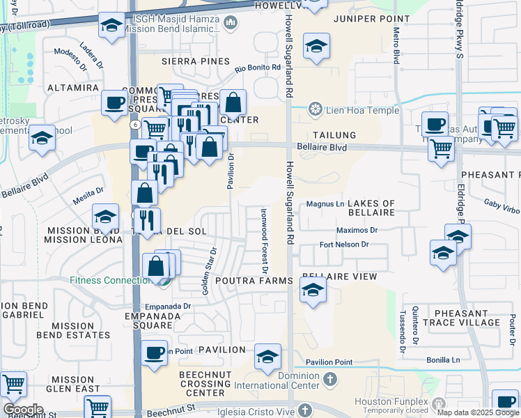 map of restaurants, bars, coffee shops, grocery stores, and more near 7103 Ironwood Forest Drive in Houston