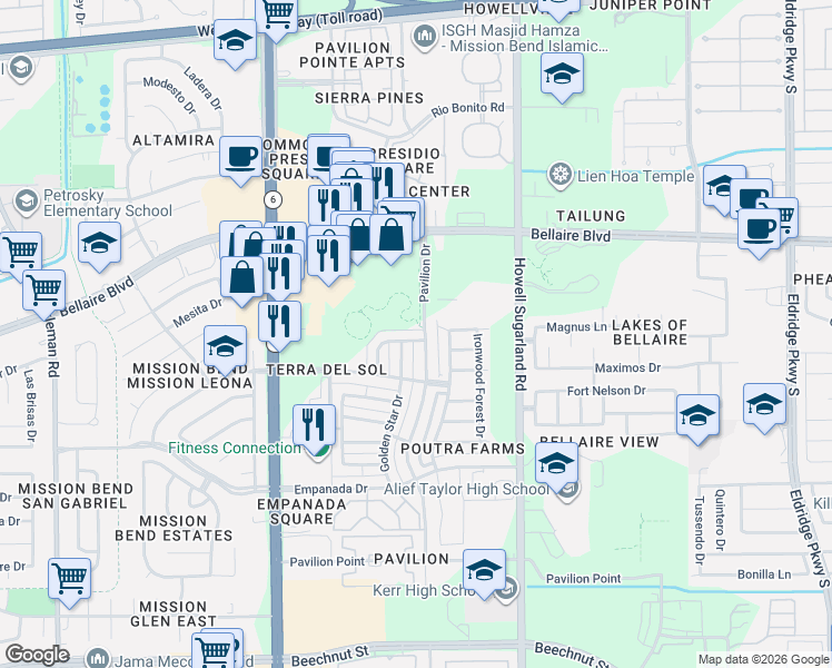 map of restaurants, bars, coffee shops, grocery stores, and more near 7115 Golden Star Drive in Houston