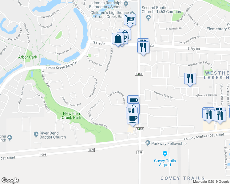 map of restaurants, bars, coffee shops, grocery stores, and more near Cottage Stream Lane in Fulshear
