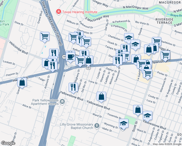 map of restaurants, bars, coffee shops, grocery stores, and more near 6633 Del Rio Street in Houston