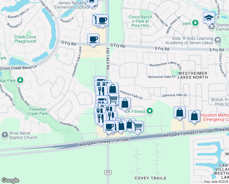 map of restaurants, bars, coffee shops, grocery stores, and more near 6426 Tea Tree Drive in Katy