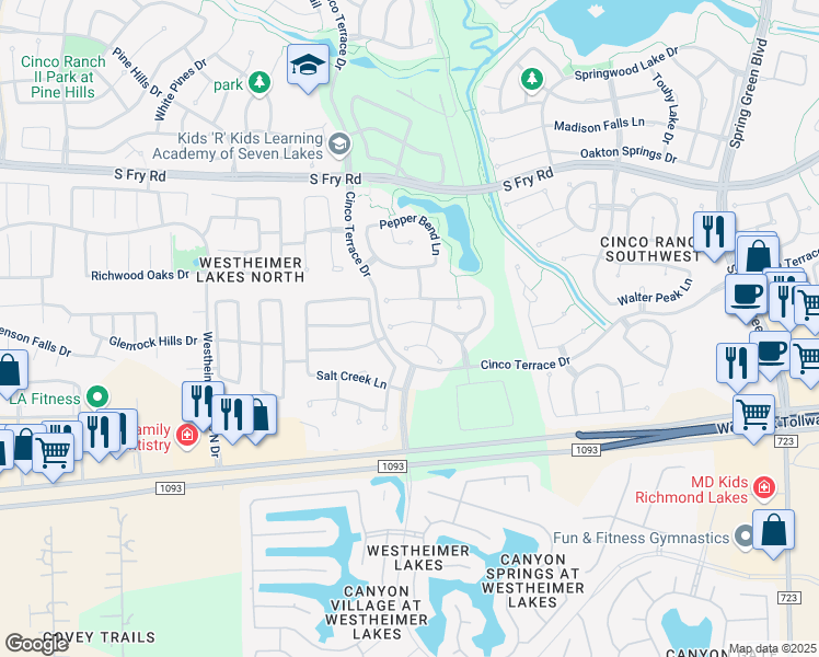 map of restaurants, bars, coffee shops, grocery stores, and more near 26003 Primrose Springs Court in Katy