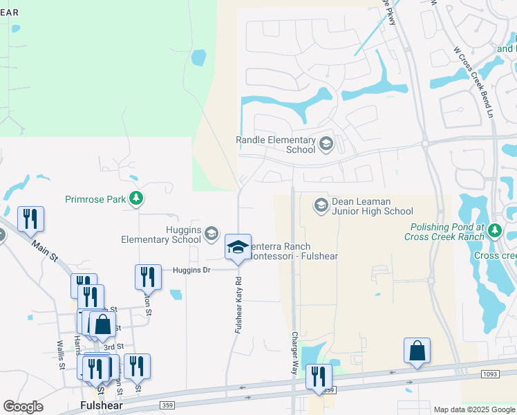 map of restaurants, bars, coffee shops, grocery stores, and more near 7117 Fulshear Katy Road in Fulshear