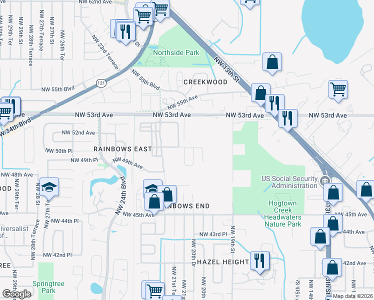 map of restaurants, bars, coffee shops, grocery stores, and more near 4928 Northwest 21st Street in Gainesville