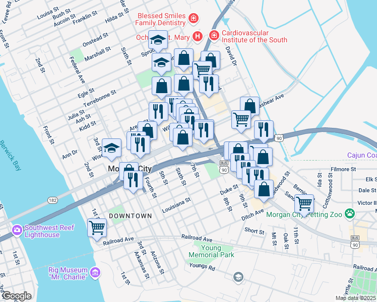 map of restaurants, bars, coffee shops, grocery stores, and more near 740 7th Street in Morgan City