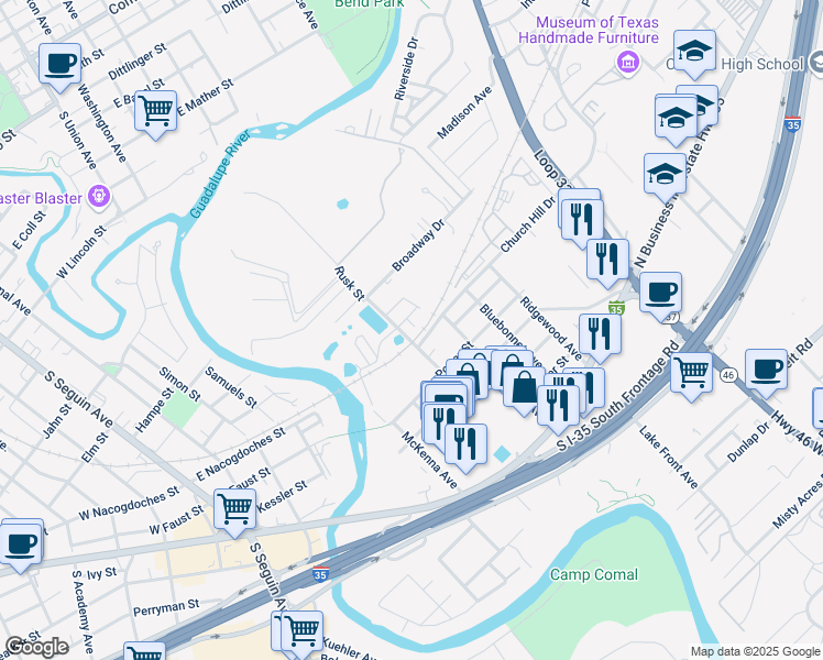 map of restaurants, bars, coffee shops, grocery stores, and more near 905 Crystal Brook Cove in New Braunfels