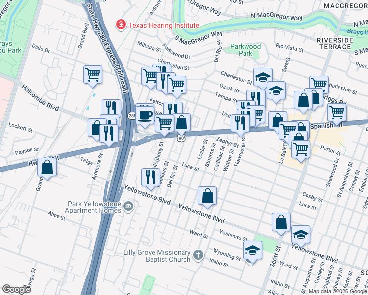 map of restaurants, bars, coffee shops, grocery stores, and more near 6633 Del Rio Street in Houston