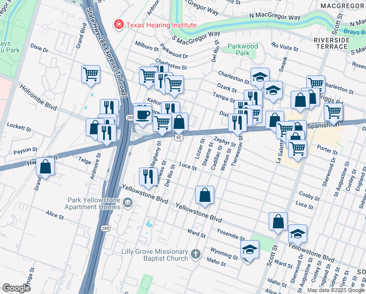 map of restaurants, bars, coffee shops, grocery stores, and more near 6633 Del Rio Street in Houston