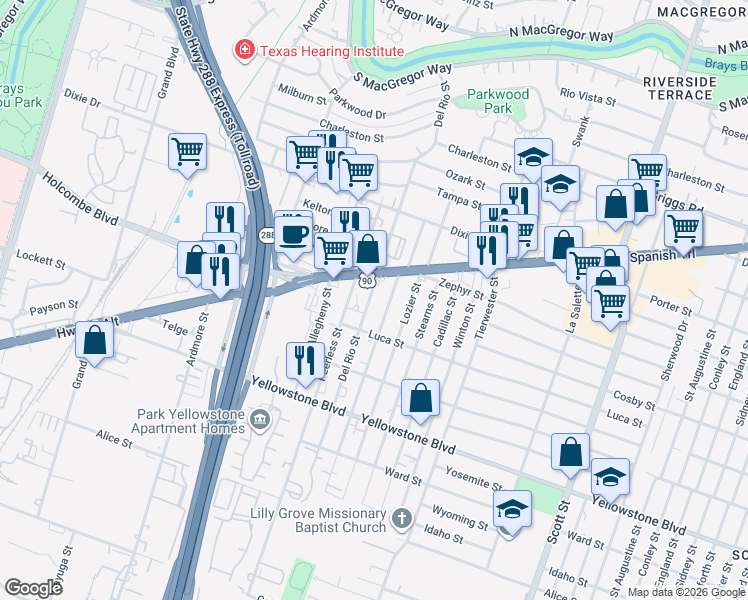 map of restaurants, bars, coffee shops, grocery stores, and more near 6633 Del Rio Street in Houston