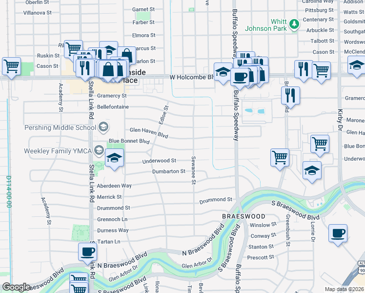 map of restaurants, bars, coffee shops, grocery stores, and more near 3606 Underwood Street in Houston