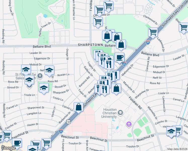 map of restaurants, bars, coffee shops, grocery stores, and more near 7327 Galleon Dr in Houston