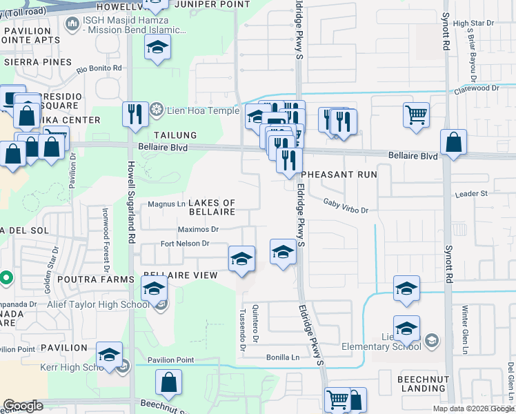 map of restaurants, bars, coffee shops, grocery stores, and more near 13726 Maximos Drive in Houston
