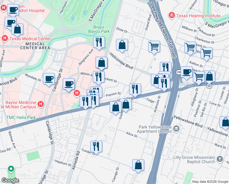 map of restaurants, bars, coffee shops, grocery stores, and more near 2934 Payson Street in Houston