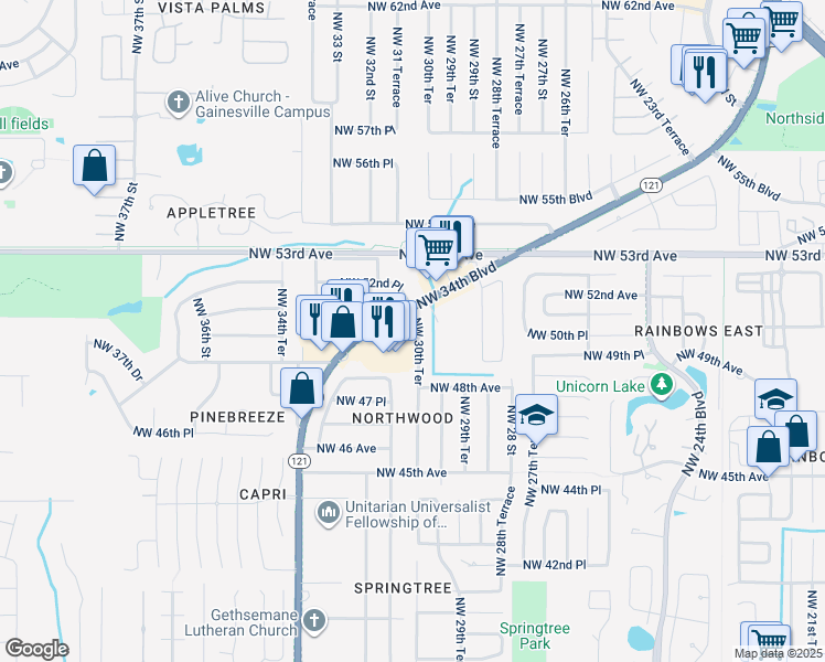 map of restaurants, bars, coffee shops, grocery stores, and more near 5008 Northwest 30th Terrace in Gainesville