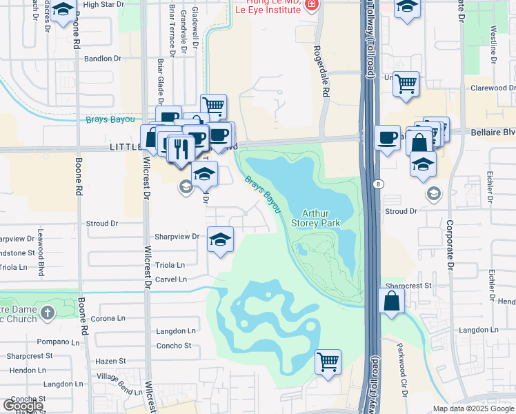 map of restaurants, bars, coffee shops, grocery stores, and more near 10555 Turtlewood Court in Houston