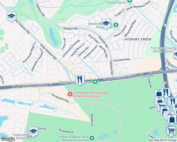 map of restaurants, bars, coffee shops, grocery stores, and more near 23702 Farm to Market 1093 in Richmond