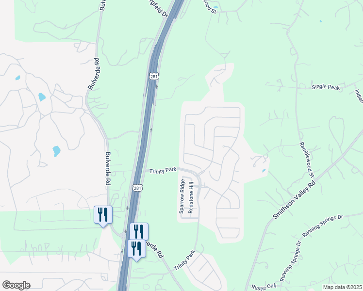 map of restaurants, bars, coffee shops, grocery stores, and more near 27015 Trinity Heights in San Antonio