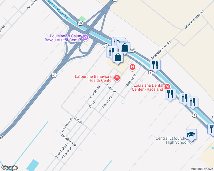 map of restaurants, bars, coffee shops, grocery stores, and more near 199 Fir Street in Raceland