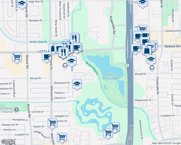 map of restaurants, bars, coffee shops, grocery stores, and more near 10555 Turtlewood Court in Houston