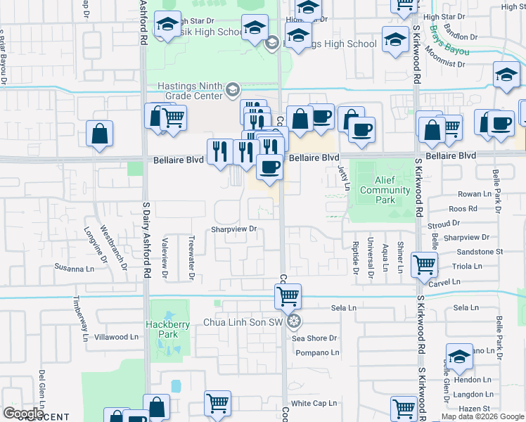 map of restaurants, bars, coffee shops, grocery stores, and more near 7000 Cook Road in Houston