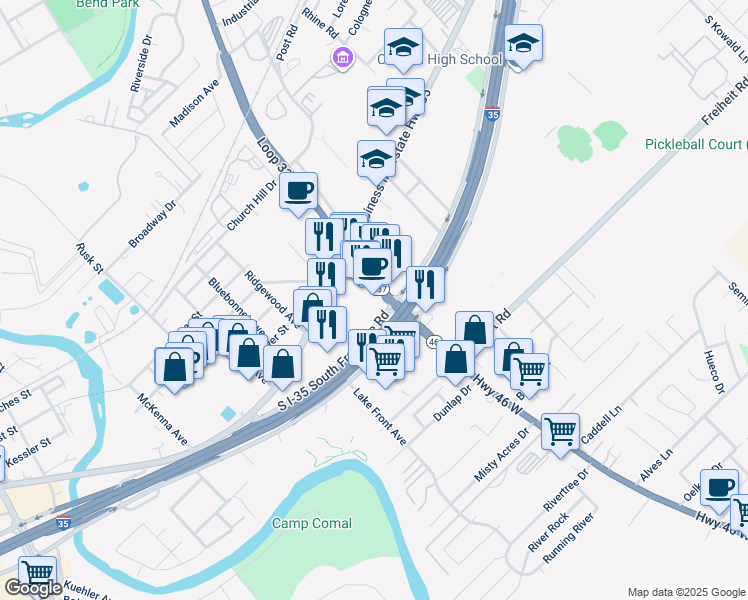map of restaurants, bars, coffee shops, grocery stores, and more near 1063 North Interstate 35 North Frontage Road in New Braunfels