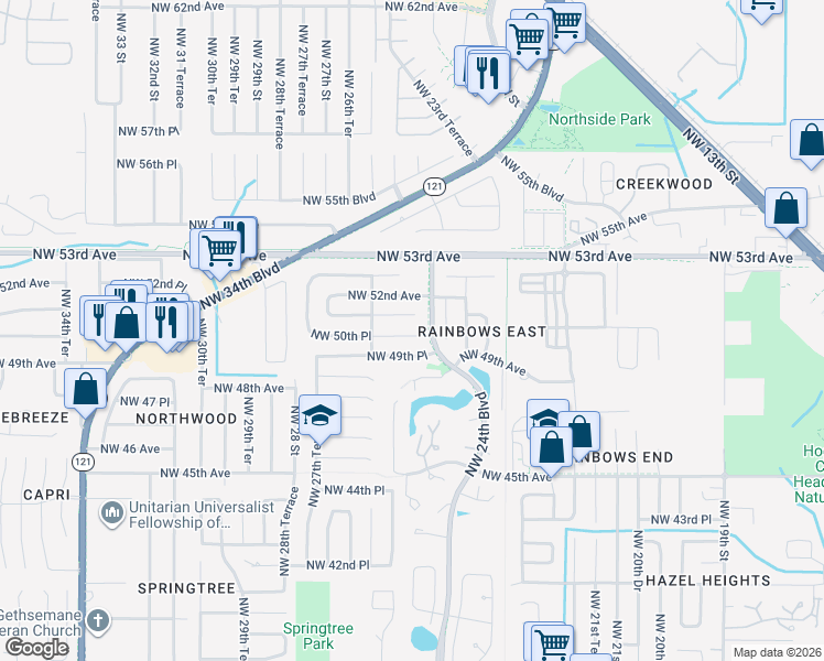 map of restaurants, bars, coffee shops, grocery stores, and more near 2510 Northwest 50 Place in Gainesville