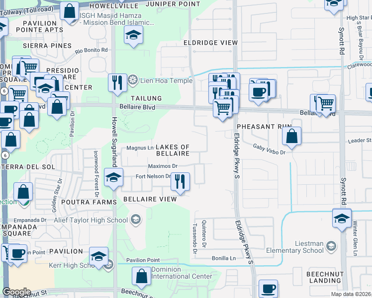 map of restaurants, bars, coffee shops, grocery stores, and more near 13727 Jengo Drive in Houston