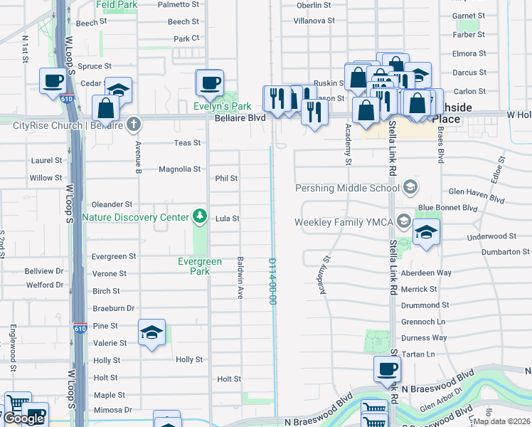 map of restaurants, bars, coffee shops, grocery stores, and more near 4312 Oleander Street in Bellaire