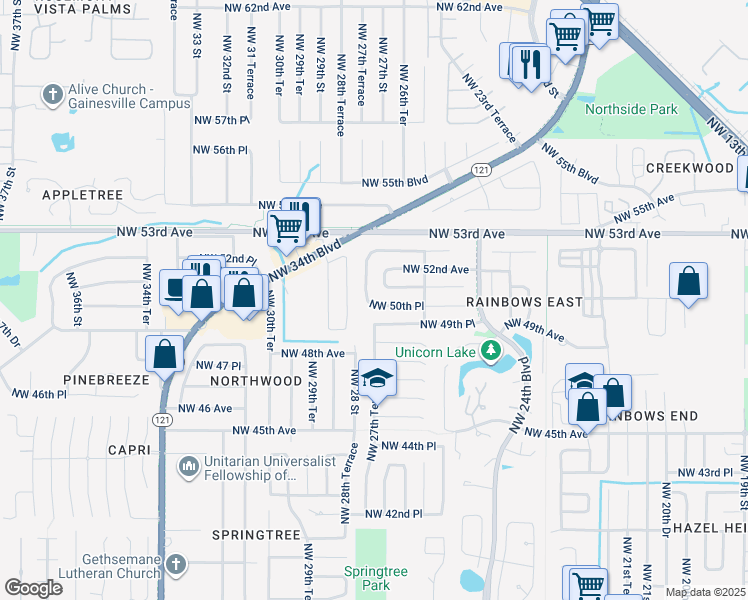 map of restaurants, bars, coffee shops, grocery stores, and more near 2740 Northwest 50 Place in Gainesville