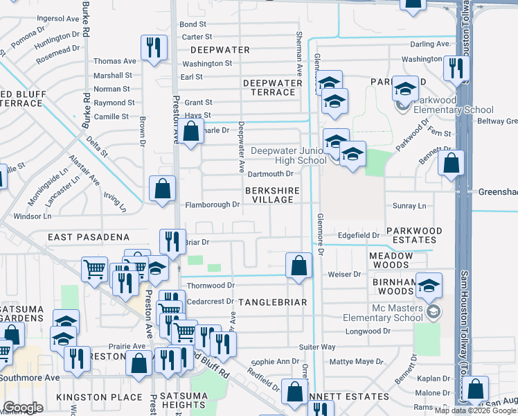 map of restaurants, bars, coffee shops, grocery stores, and more near 3210 Edmonton Drive in Pasadena