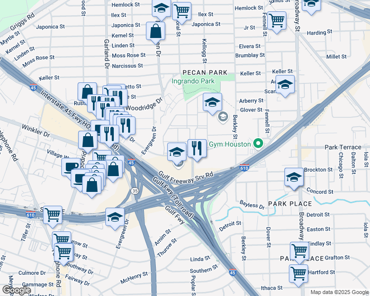 map of restaurants, bars, coffee shops, grocery stores, and more near 7551 Plum Creek Drive in Houston