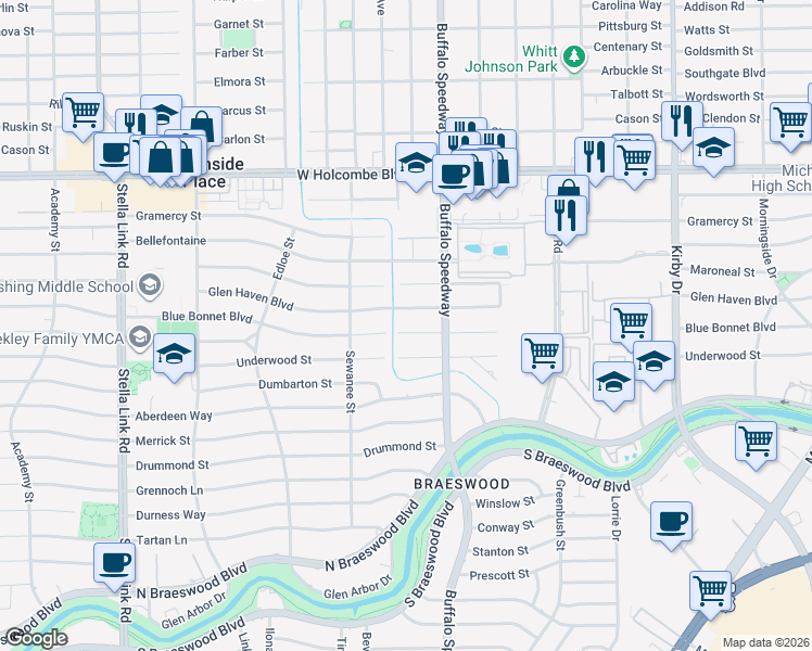 map of restaurants, bars, coffee shops, grocery stores, and more near 3302 Glen Haven Boulevard in Houston