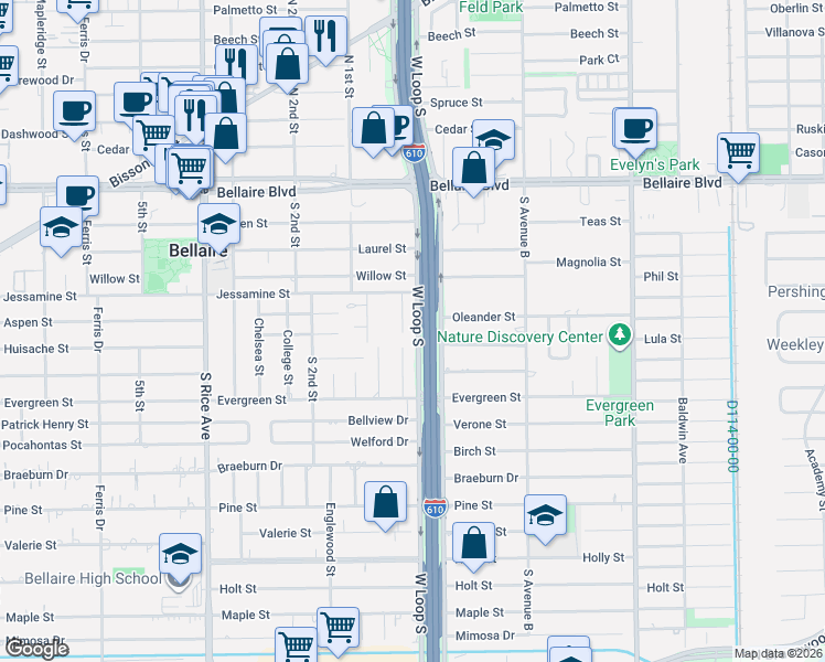 map of restaurants, bars, coffee shops, grocery stores, and more near 3 Azalea Trail Lane in Bellaire