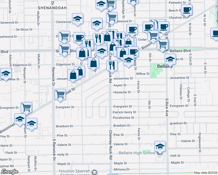 map of restaurants, bars, coffee shops, grocery stores, and more near 5503 Jessamine Street in Houston