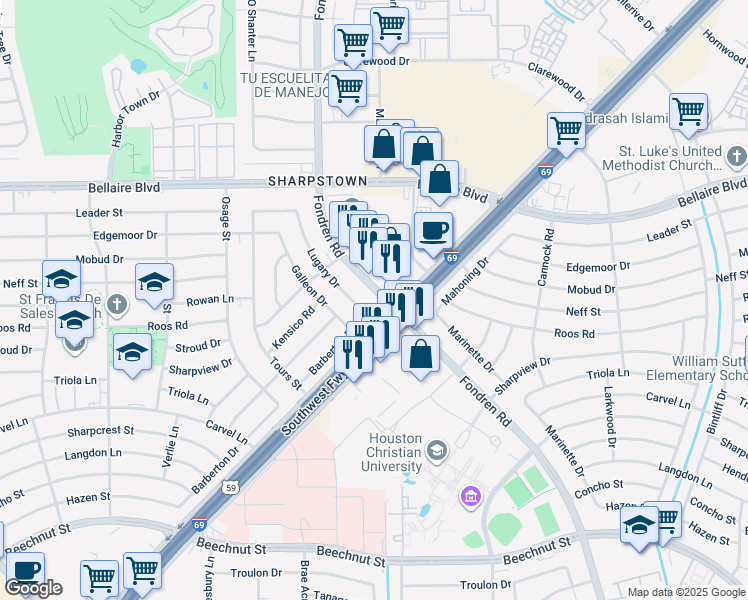 map of restaurants, bars, coffee shops, grocery stores, and more near 7305 Fondren Road in Houston