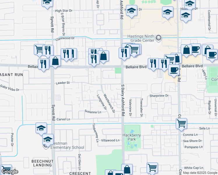 map of restaurants, bars, coffee shops, grocery stores, and more near 6969 Westbranch Drive in Houston