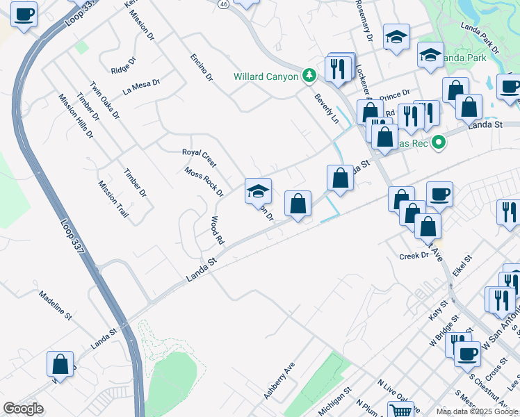 map of restaurants, bars, coffee shops, grocery stores, and more near 1013 Mission Drive in New Braunfels