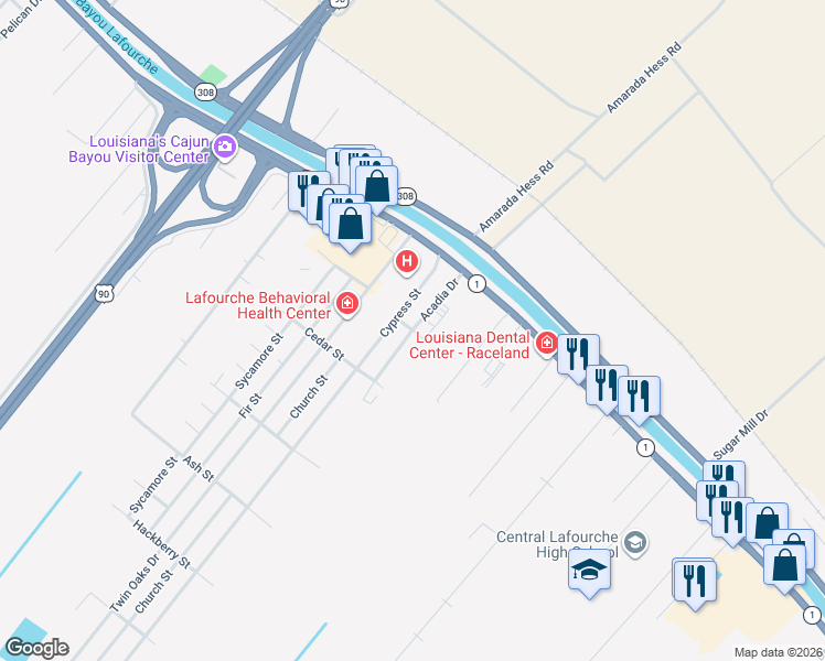 map of restaurants, bars, coffee shops, grocery stores, and more near Magnolia Drive in Raceland