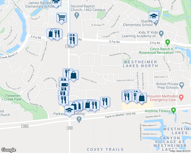 map of restaurants, bars, coffee shops, grocery stores, and more near 6314 Tolstin Lakes Lane in Katy