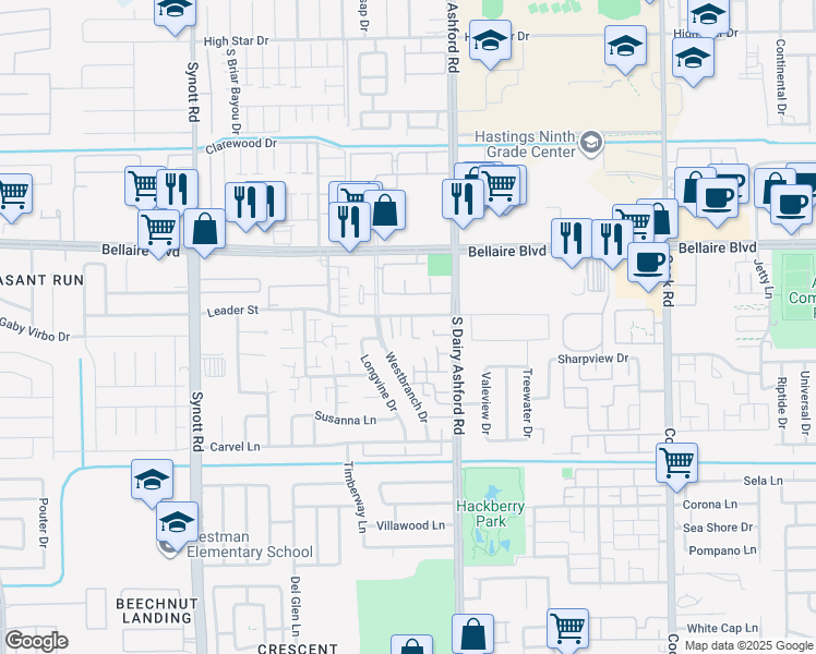 map of restaurants, bars, coffee shops, grocery stores, and more near 6969 Westbranch Drive in Houston
